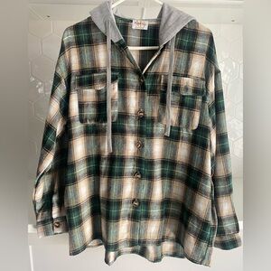 Flannel w/hood & pockets. Tried on only. I am just making space in my closet.